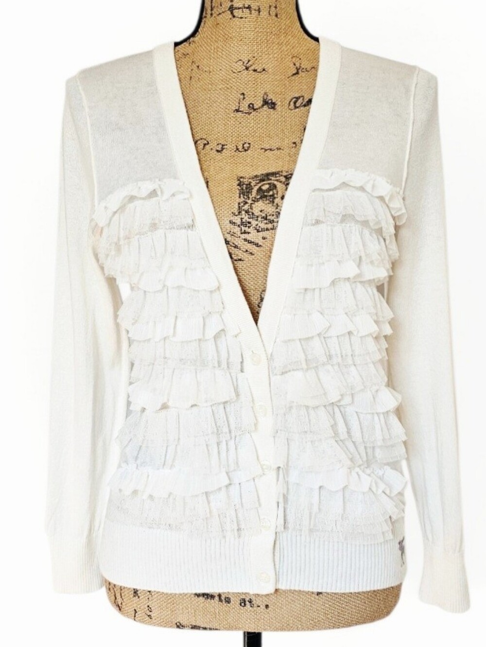 Ambercombie & Fitch Y2K Women's White Ruffle-Front Cardigan Sweater, Size M